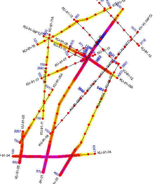 Picked horizons can be displayed on the map using a colour ramp or gradient to symbolise the Z values